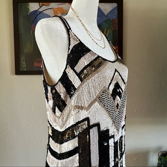Parker Black Gold White Sequin Cocktail Dress Size Medium - Picture 3 of 11